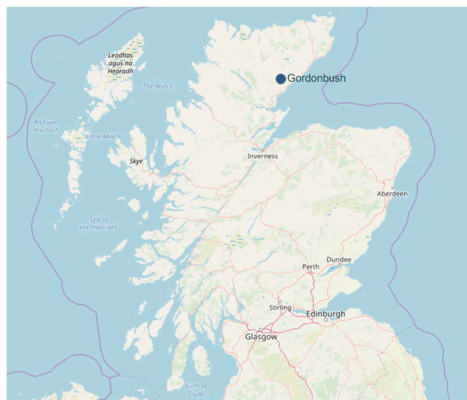 map showing location of Gordonbush wind farm in Scotland